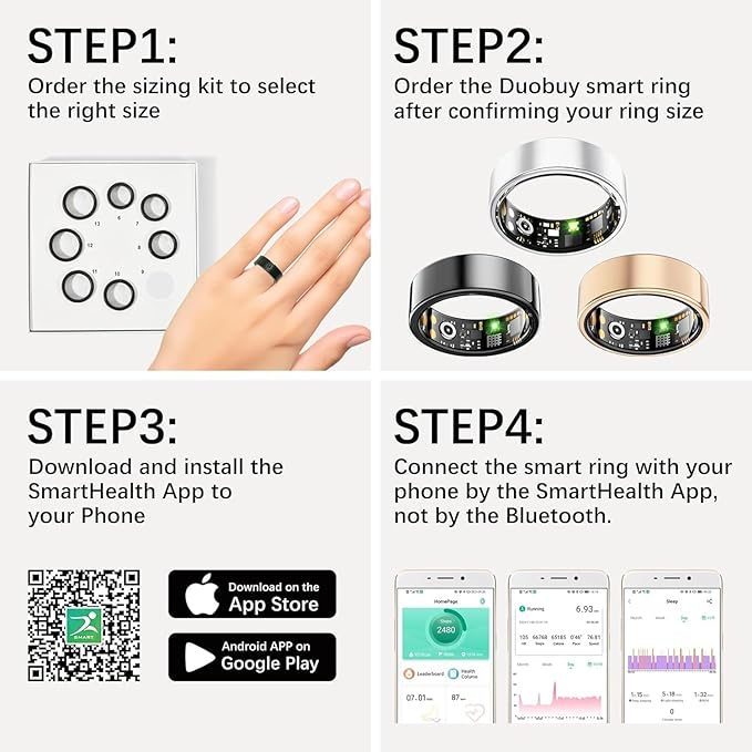 Smart Health Rings for Women Men, Fit Ring with Heart Rate, Blood Oxygen, HRV, Sleep Tracker, Step Tracker, No Subscription Fee, IP68 Waterproof Smart Ring for iPhone & Android (Gold 7#)