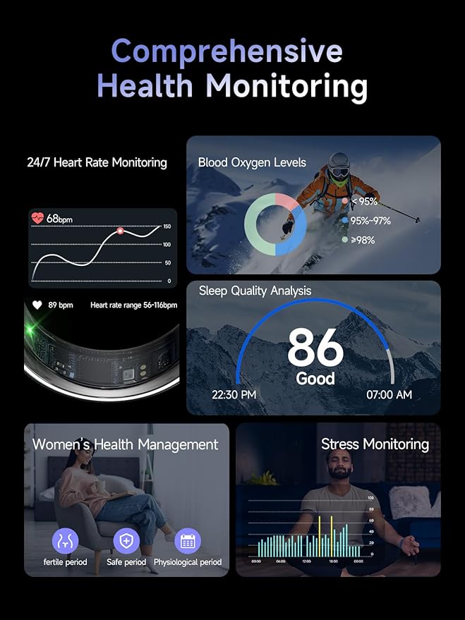 Smart Ring for Women Men, Health Ring with Colorful Display, Fitness Tracker with Heart Rate, Blood Oxygen, Sleep Monitor, No Subscription Fee, 5ATM Waterproof for iPhone & Android (Silver, 9)