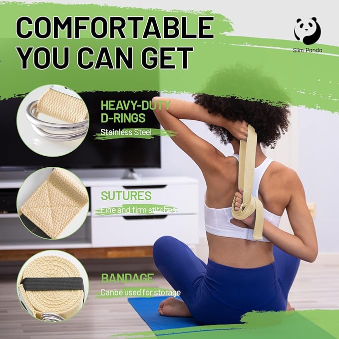 Slim Panda Yoga Strap for Stretching,Cotton Yoga Strap with Adjustable D-Ring Buckle,Non-Elastic Yoga Belt for Pilates,Gym Workouts,Physical Therapy,Improve Flexibility