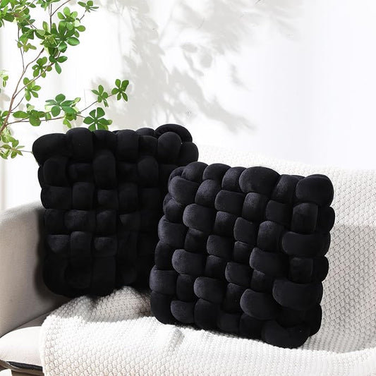 Wenqik 2 Pcs Knot Pillows Square Knotted Plush Throws Soft Accent Pillows Decoration Cushion for Couch Home Office Living Room Bedroom Bed Sofa Decor, 12'' x 13''(Black,Crystal Velvet)
