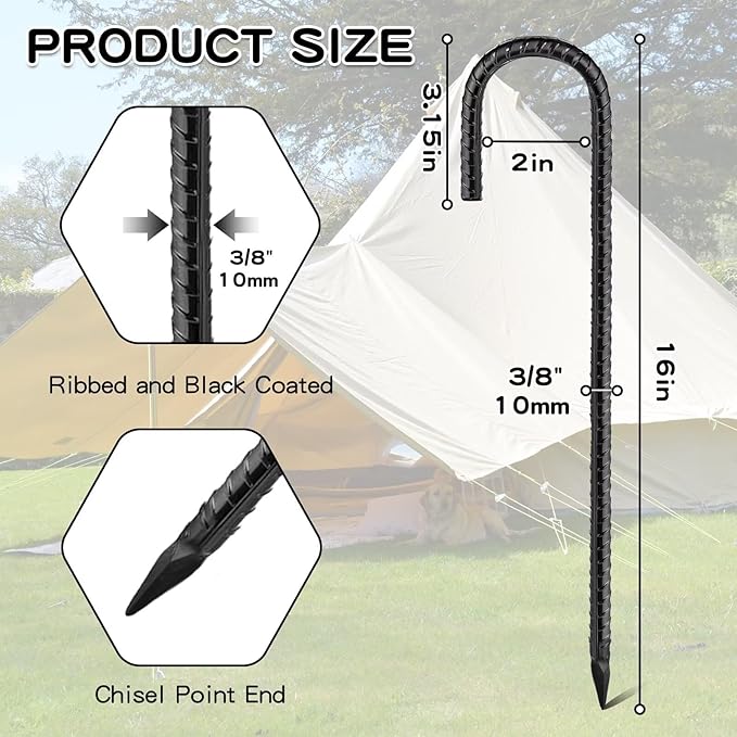 Black Rebar Stakes 16inx10mm Galvanized J Hook 4pcs – Heavy Duty Ground Tent Stakes for Fence,Bounce House,Outdoor Plants,Artificial Turf,Dog Coop,Metal Stakes for Christmas Decorations