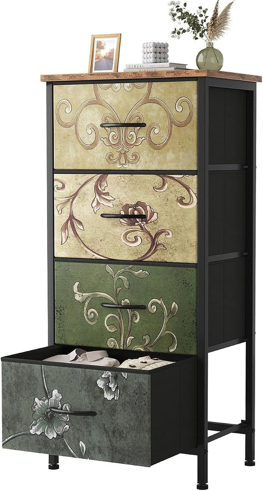 Sweetcrispy 4 Drawer Fabric Dresser Storage Tower Nightstand Chest | Small bedroom dresser and nightstand with sturdy frame,Perfect for closet,entryway,dorm,Easy assembly,Floral Painted