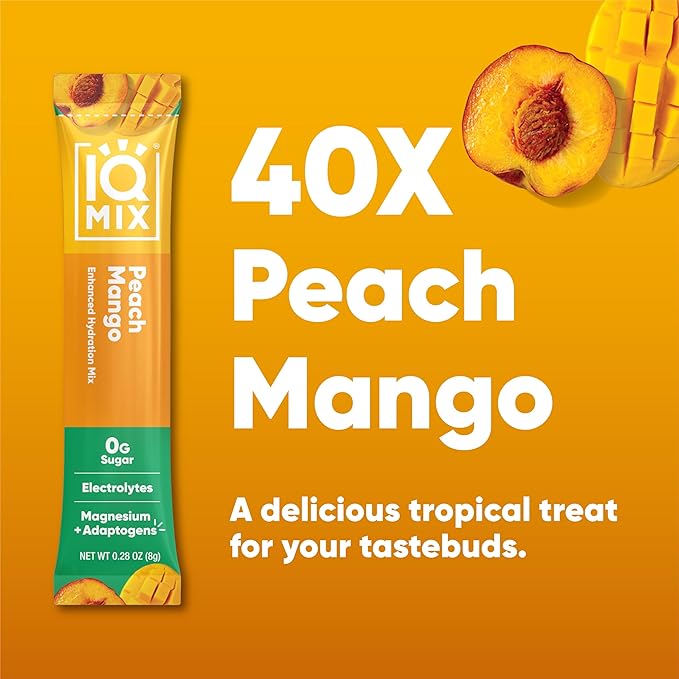 IQMIX Hydration Electrolyte Powder – 4-in-1 Formula for Hydration, Mental Clarity, Mood and Recovery – Sugar-Free Drink Mix, Keto, Magnesium L-Threonate, Lion’s Mane – 40 Count Peach Mango