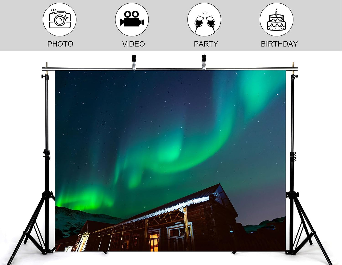 KeyWork 10x7ft Green Northern Lights Cabin Backdrop Arctic Night Sky Scene Photography Background for Winter Event Home