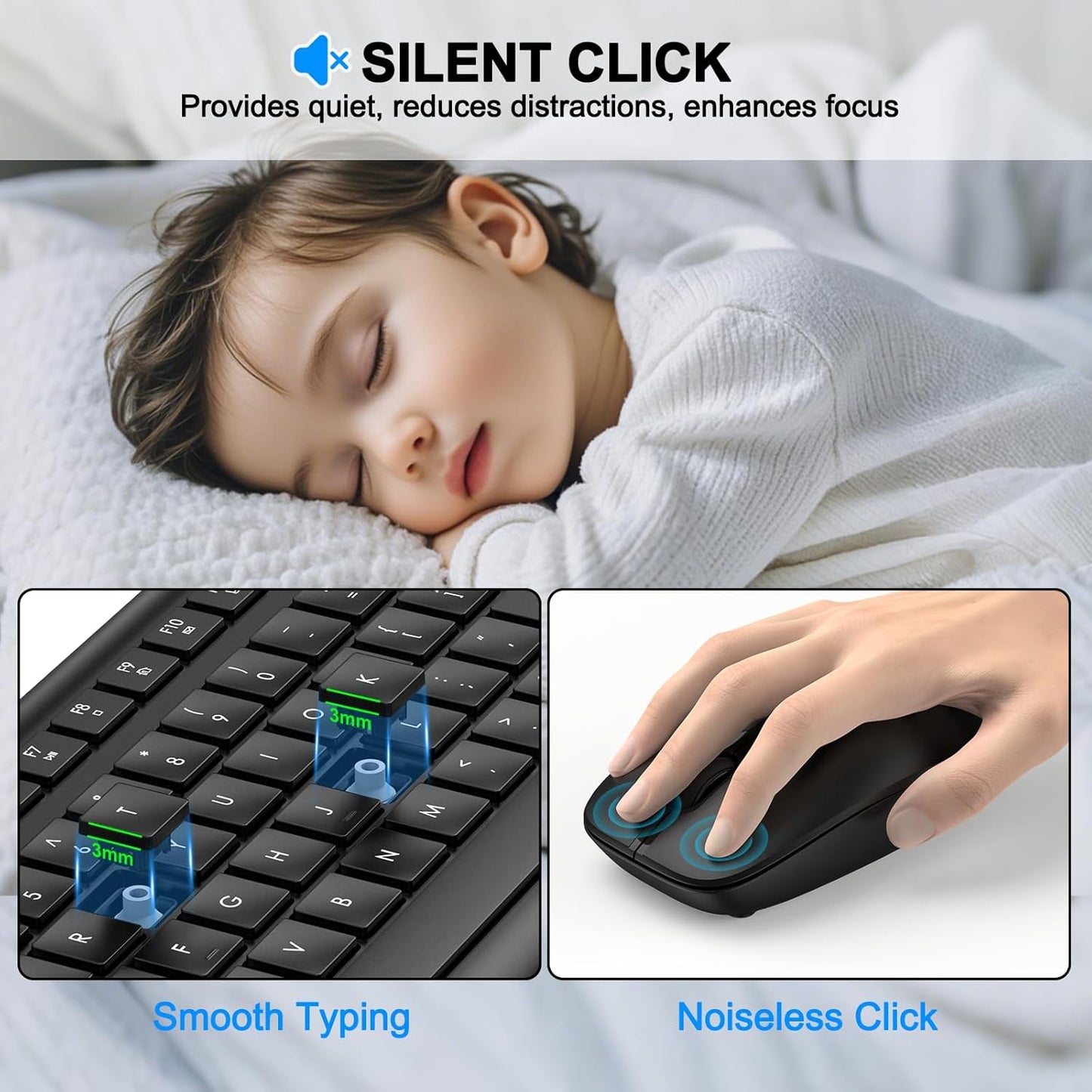 EDJO 2.4G Wireless Keyboard and Mouse Combo, Full Size Silent Ergonomic Keyboard and Mouse, Long Battery Life, Optical