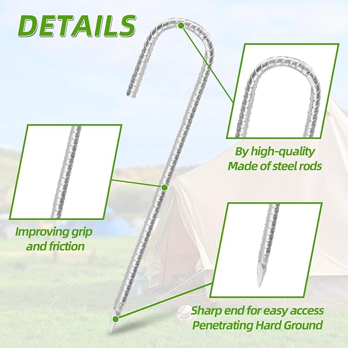 Rebar Stakes 16inx10mm Galvanized J Hook 6pcs – Heavy Duty Ground Tent Stakes for Fence,Bounce House,Outdoor Plants,Artificial Turf,Dog Coop,Metal Stakes for Christmas Decorations