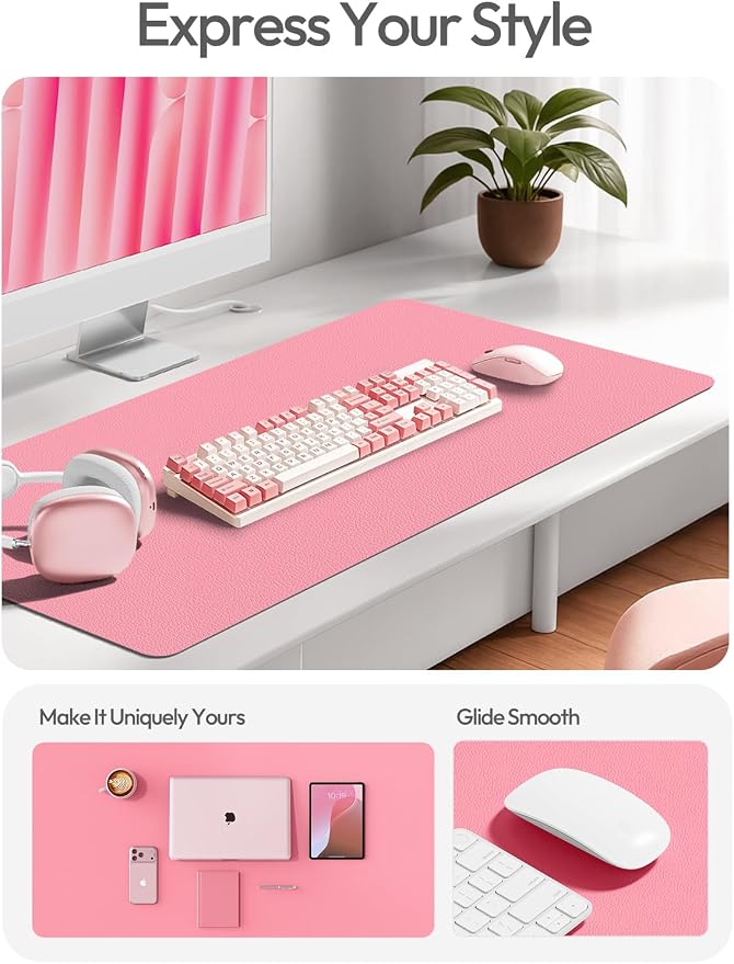 YSAGi Leather Desk Protector, Office Mat, Large Mouse Mat, Non-Slip PU Leather Blotter, Laptop Desk Mat, Waterproof Writing Pad for Office and Home (Pink, 35.4" x 17")