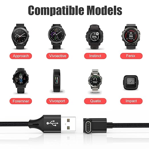 AGVEE 2 Pack 6.6ft Charger for Garmin Watch, L-Shape Charging Cable for Fenix, Forerunner, Vivoactive, Instinct, Venu, Tactix, Approach, D2, Quatix Series, Right Angle Braided, Black