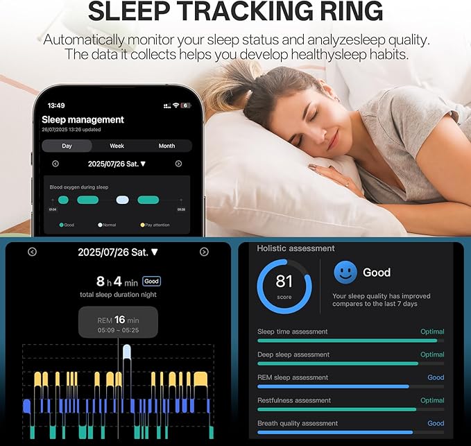 Smart Ring with Vibration Alerts, Health Tracker Ring with Body Temperature Monitor, Heart Rate, Sleep & Fitness Tracking, Waterproof Activity Ring for Men & Women, No App Fees (Gunmetal Gray, 10#)