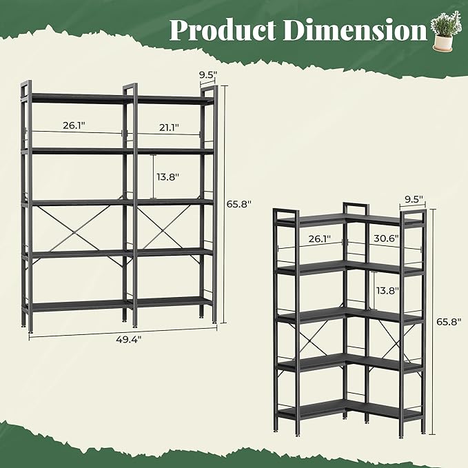 Huuger 5 Tier Bookshelf, L Shaped Corner Bookshelf with 10 Open Shelves, 49.4 Inch Straight Wide Bookcase with Metal Frame and Wooden Board, Adjustable Feet, Black