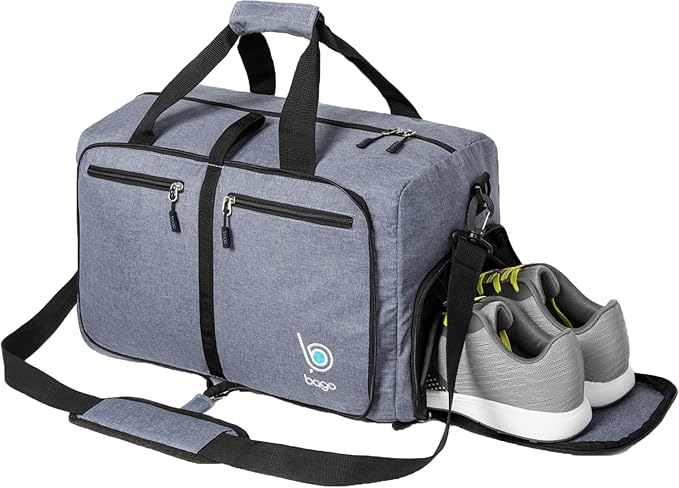 Bago Large Foldable Duffel Bags for Traveling Women & Men - 80L Packable Duffle Bag for Travel with Shoe Compartment - Water Repellant, Heavy Duty, Lightweight Folding & Collapsible (SnowGray)