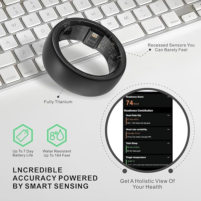 Smart Ring, Activity Trackers, Sleep Ring, Fitness Tracking, Stress Tracker, Heart Rate, Meditation, Temperature, Respiratory, No App Subscription, Women, Men, iOS, Android (Black, 6)