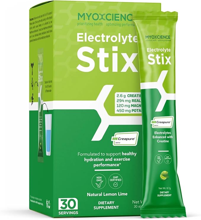 MYOXCIENCE Electrolyte STIX | Creatine Electrolyte Powder | Recovery from Exercise & Muscle Development w/Real Salt (Lemon Lime Flavor) (Stix 30 ct)