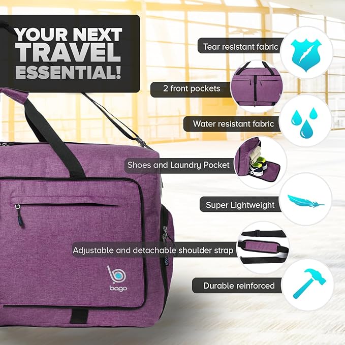 Bago Big XXL Foldable Duffel Bags for Traveling Women & Men - 140L Packable Duffle Bag for Travel with Shoe Compartment - Water Repellant, Heavy Duty, Lightweight Folding & Collapsible (SnowDepPurple)