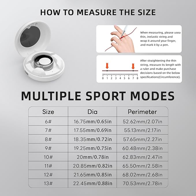 Smart Ring for Women Men, Health Fitness Tracker, 10ATM Waterproof Ring for iOS and Android, No Subscription Fee (Black, 9)
