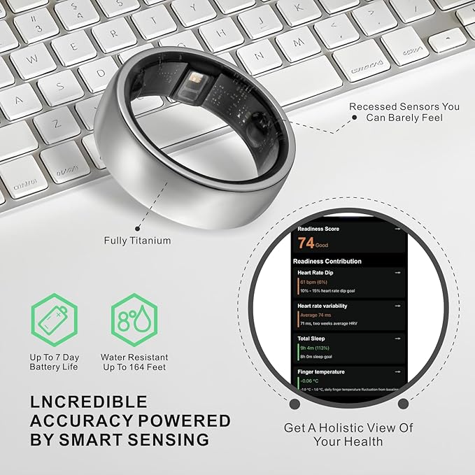 Smart Ring, Activity Trackers, Sleep Ring, Fitness Tracking, Stress Tracker, Heart Rate, Meditation, Temperature, Respiratory, No App Subscription, Women, Men, iOS, Android (Silver, 13)