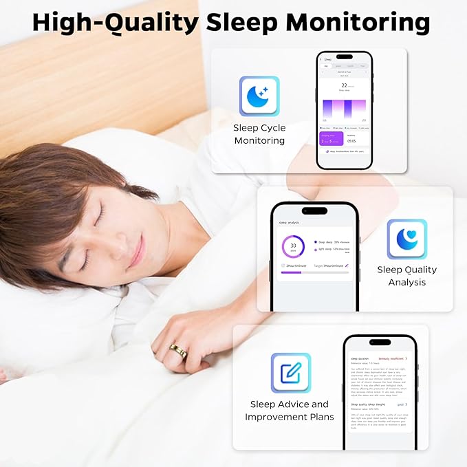 Upgrade Smart Health Ring for Women Men,Waterproof Fitness Ring, Fitness Tracker for Activity Monitoring,Sleep Tracker, No Subscription Fee, Smart Ring for iSO & Android (Gold,12#)