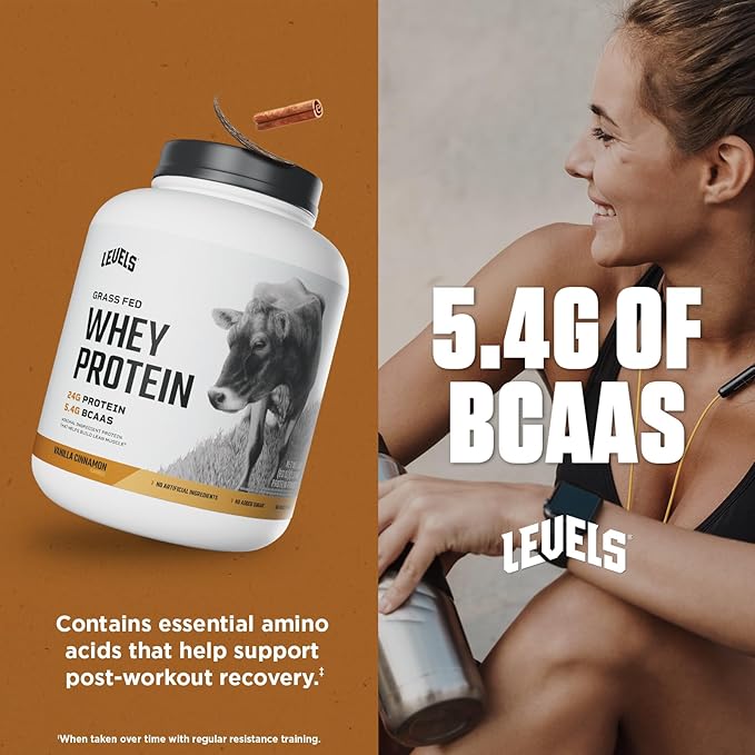 Levels Grass Fed Whey Protein Powder, No Artificials, 24G of Protein, Vanilla Cinnamon, 5LB
