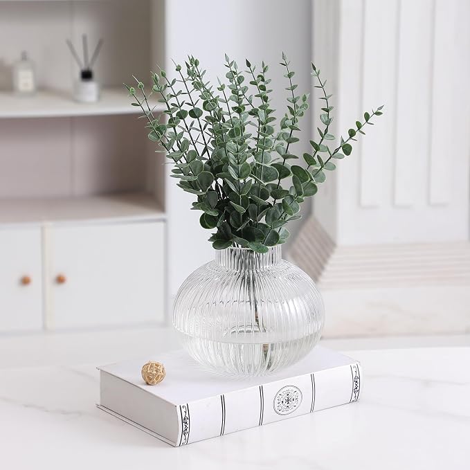 Round Glass Vase, Flower Vases for Bouquet, Ribbed Glass Vases for Flowers, Small Clear Vase for Living Room, Office, Coffee Table, Shelf, Wedding, 6 Inches