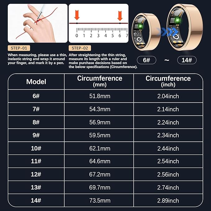 Ring Health Tracker for Women Men, Fit Ring with Heart Rate, Blood Oxygen, Sleep Monitor, Calories, Step Counter, IP68 Waterproof Smart Ring for iPhone & Android, No Subscription Fee (Rose Gold, 8#)