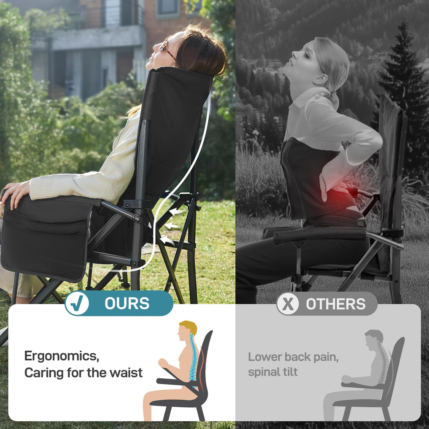 EVER ADVANCED Oversized Folding Camping Chair for Adults with Adjustable Lumbar Support, Heavy Duty Chair with Side Pockets, Portable Collapsible Quad Chair for Outside, Support Up to 500lbs,Black