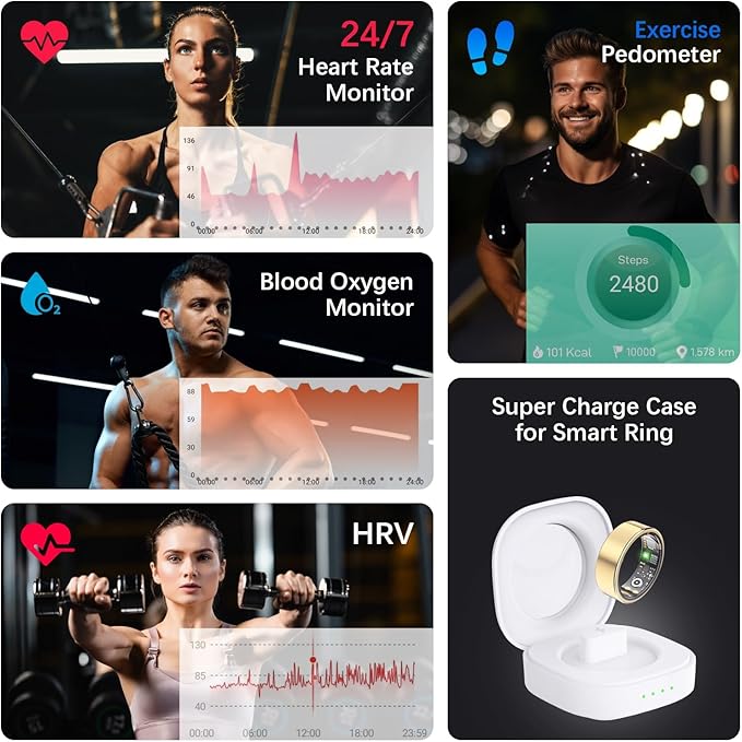 Health Tracker Ring, Smart Health Ring for Women Men with Heart Rate, Blood Oxygen, Sleep Monitor, Steps,Calories, No Subscription Fee, IP68 Waterproof Smart Ring for iPhone & Android (Gold, 6#)