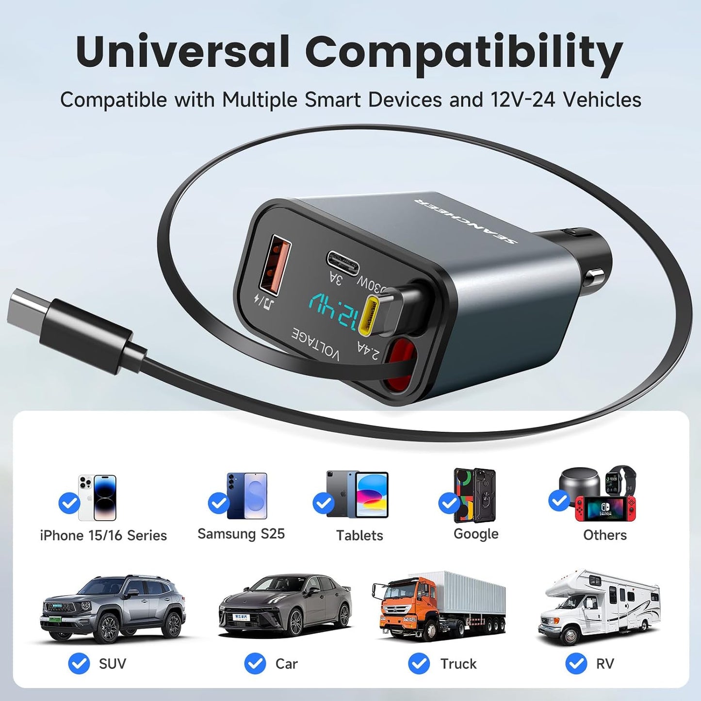 SEANCHEER 69W 2 5.3 MP3 Car Bluetooth Adapter & Car Charger USB C, Cigarette Lighter Adapter with Retractable Cables