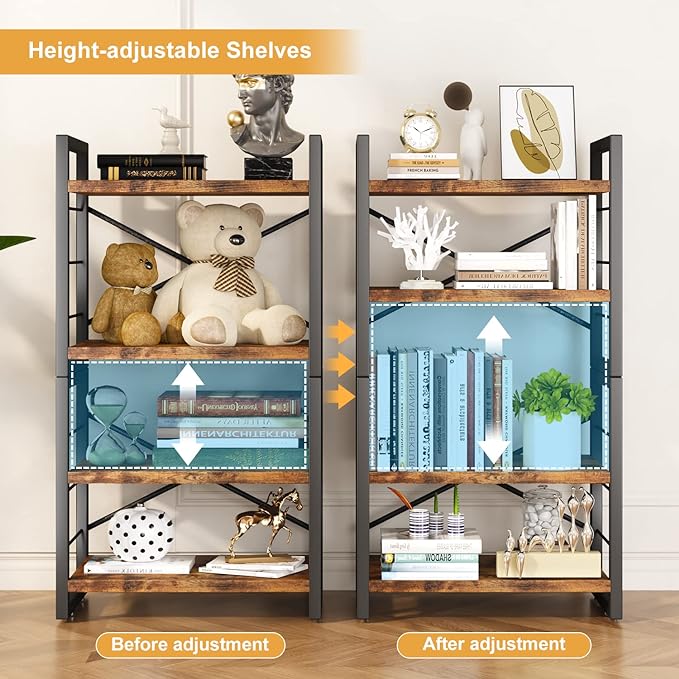 Homeiju Bookshelf, Dorm Desk Hutch, Desk Shelf Organizer, 4 Tier Stackable Bookcase, Adjustable Industrial Book Shelf Storage Organizer for Desktop, Living Room, Bedroom, Office,Rustic Black and Brown