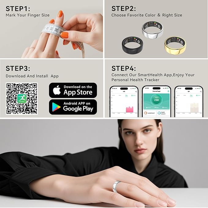 Smart Rings for Women Men,Fitness Tracker Ring,Heart Rate,Blood Oxygen,Blood Pressure,Step Tracker,Sleep Monitoring,No Subscription Fee,IP68 Waterproof Smart Ring for iphone&Android(Silver 13)