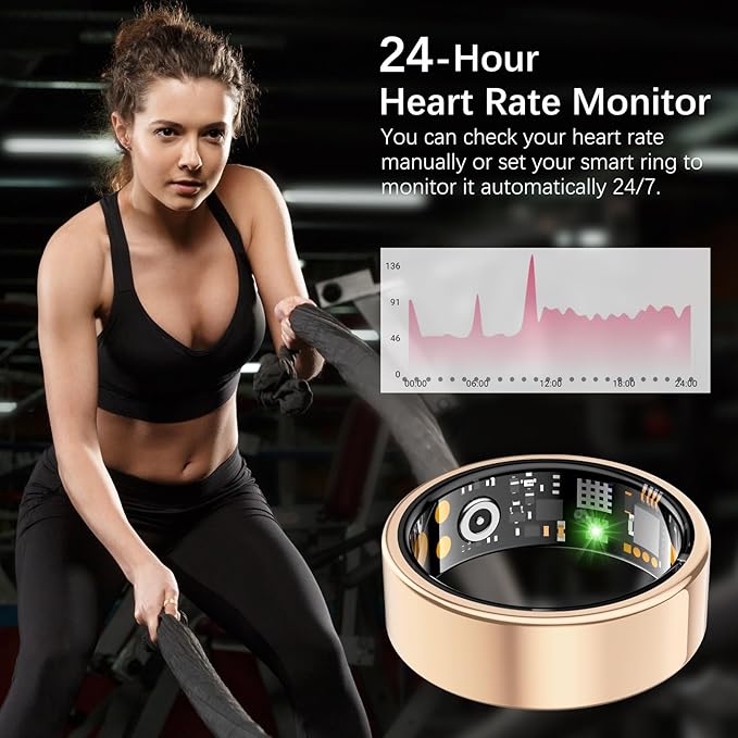Ring Health Tracker for Women Men, Fit Ring with Heart Rate, Blood Oxygen, Sleep Monitor, Calories, Step Counter, IP68 Waterproof Smart Ring for iPhone & Android, No Subscription Fee (Rose Gold, 7#)