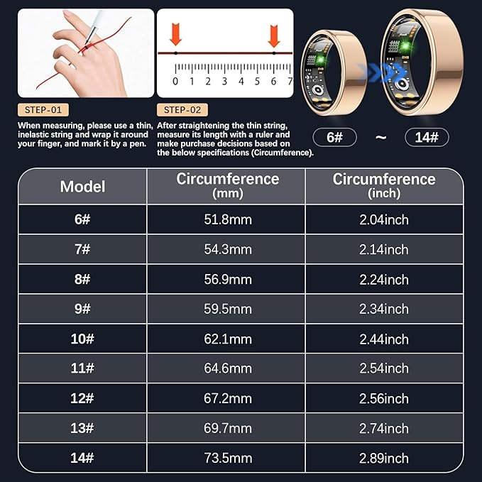 Smart Health Ring for Women Men, Fitness Tracker Ring with Heart Rate, Blood Oxygen, Sleep Tracker, Step Tracker, No Subscription Fee, IP68 Waterproof Smart Ring for iPhone & Android (Rose Gold, 7#)
