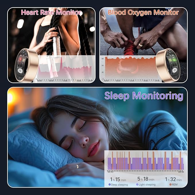Smart Health Rings for Women Men, Fitness Tracker with Heart Rate, Blood Oxygen, HRV, Sleep Tracker, Step Tracker, No Subscription Fee, IP68 Waterproof Smart Ring for iphone & Android (Gold 13#)