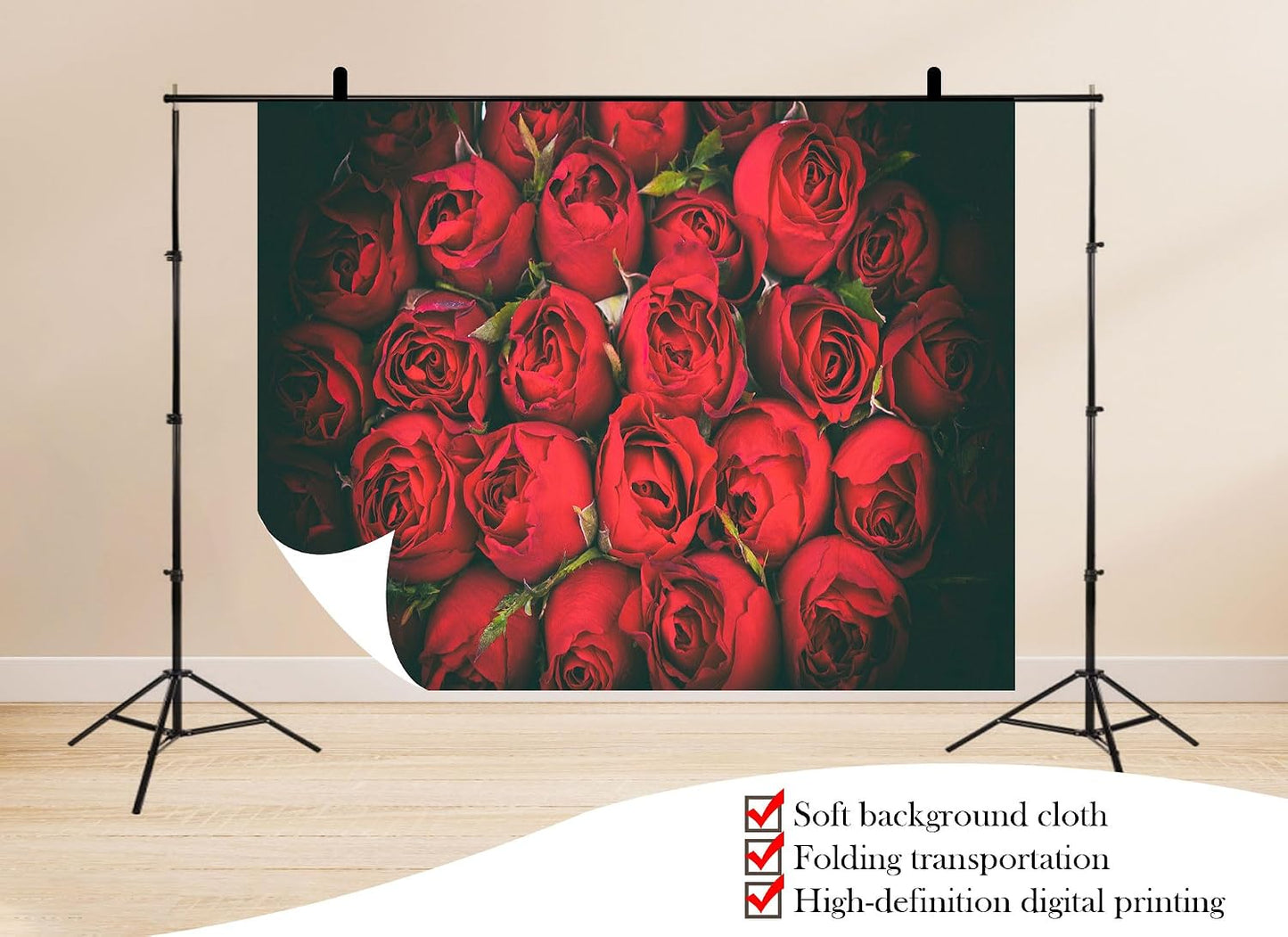 UPXIO 7x7ft Dense Red Roses Bouquet Backdrop Romantic Floral Deep Red Petals Photo Background Tapestry for Wedding