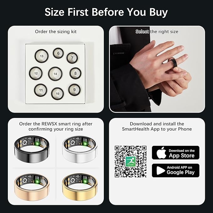 Smart Health Ring for Women Men, Fitness Tracker Ring with Heart Rate, Blood Oxygen, Sleep Tracker, Step Tracker, No Subscription Fee, IP68 Waterproof Smart Ring for iPhone & Android (Silver, 11#)