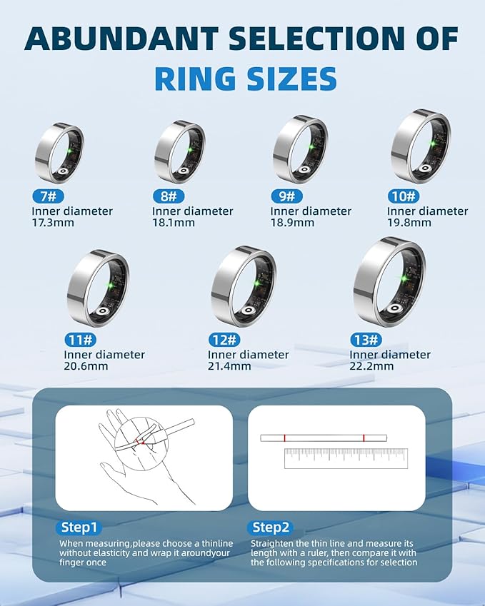 Smart Ring for Women Men Fitness Ring with Step Counting, Heart Rate, Blood Oxygen, Blood Pressure, Sleep Monitoring, IP68 Waterproof for iPhone and Android, No Subscription Fee,Silver 10#