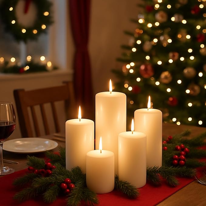 Ivory Pillar Candles Set, 12 Packs, 2.8 in x 4, 6, 8 Inch Assorted Size Unscented Pillar Candles Bulk for Home Decor, Long Burning Candle for Emergency, Holiday Dinner, Dripless & Smokeless