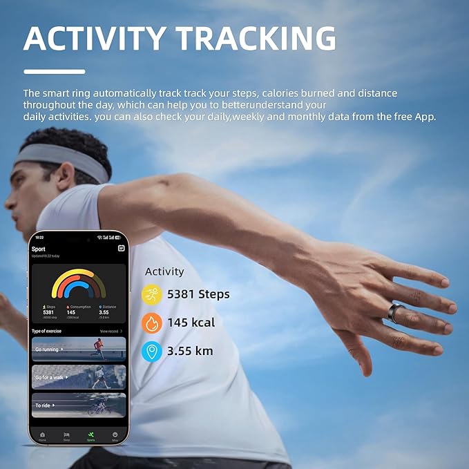 Smart Ring for Women Men, Health Fitness Tracker, 10ATM Waterproof Ring for iOS and Android, No Subscription Fee (Black, 11)