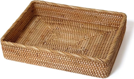 Wicker Storage Tray, Rattan Basket Rectangular for Bathroom Living Room, Decorative Serving Woven Trays Wicker Baskets for Organizing Home Decor XL(17.7" × 13.4")