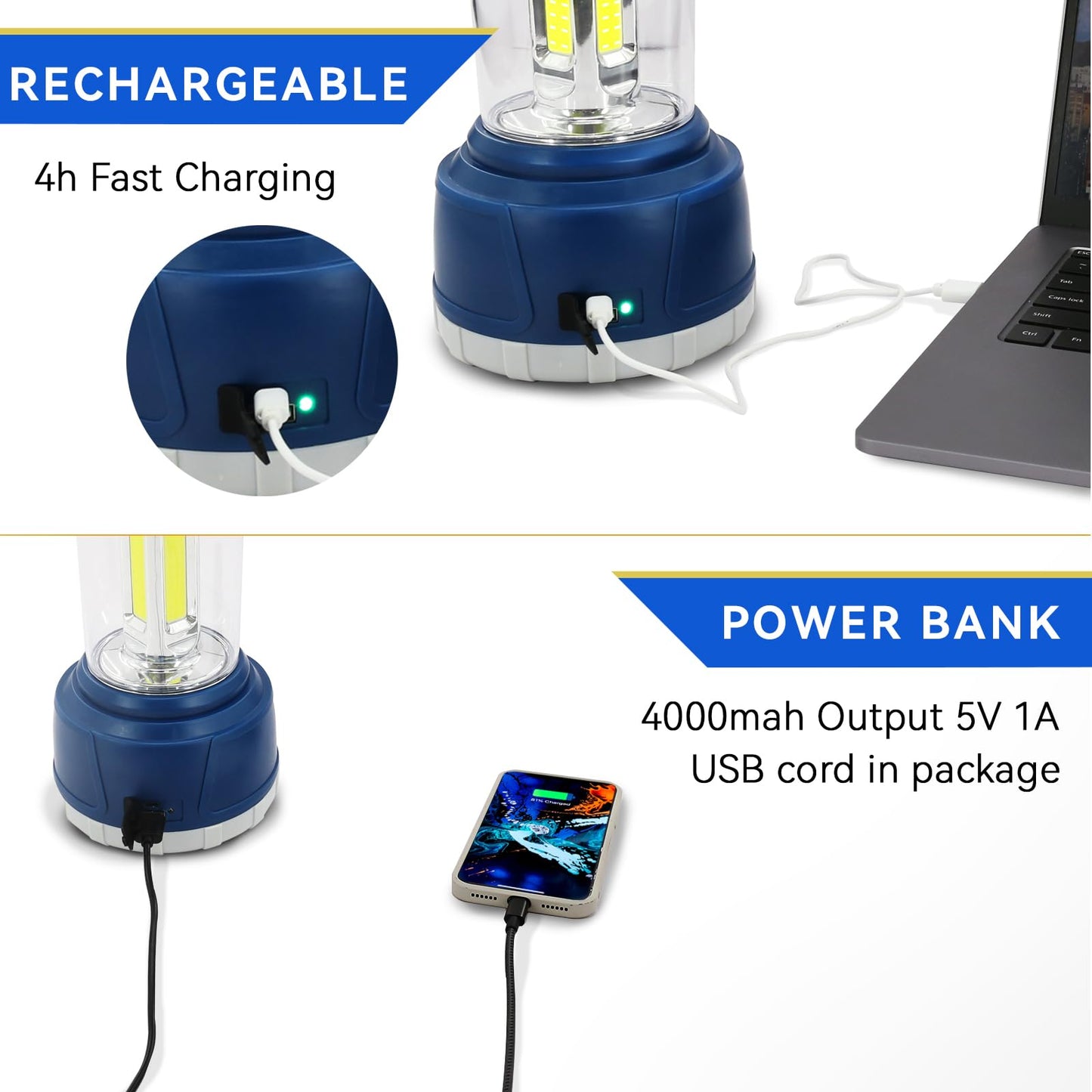 Durapower LED Camping Lantern Rechargeable, Bright 2000 Lumen, 5 Modes, 4000 mAh Power Bank, IP44 Waterproof Lantern for Hurricane, Emergency, Power Outages, Home