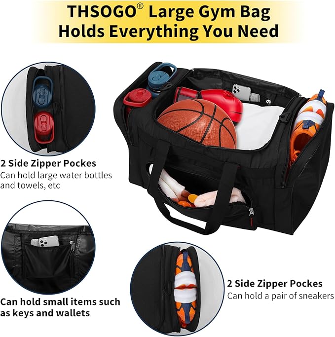 22 inch Gym Bag for Men - 55L Large Travel Duffle Bag Sports Equipment Bag with Multiple Zippered Pockets,Outdoor Workout Duffle Bag for Overnight Weekend - Black