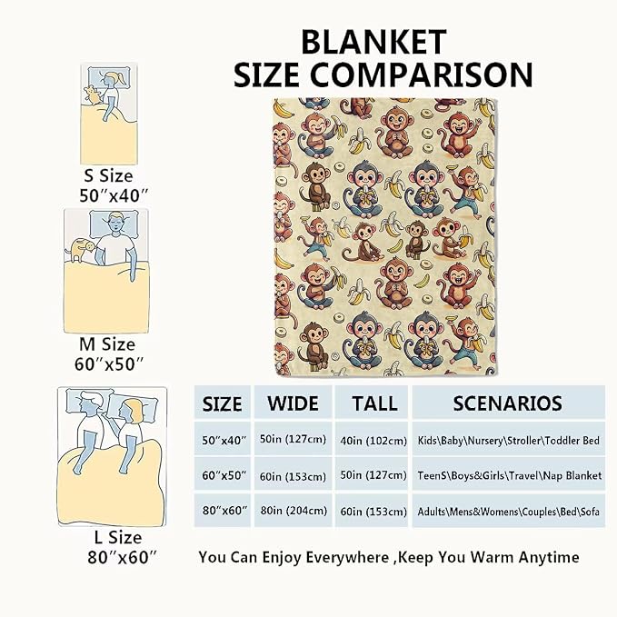 Monkey and Banana Blanket,Fun Cartoon Jungle Theme Throw Blankets,Birthday Gifts for Kids & Animal Lovers,Lightweight Soft Fleece,for Picnic Sofa Couch Bed Room Travel,Modern Decor,60x80in