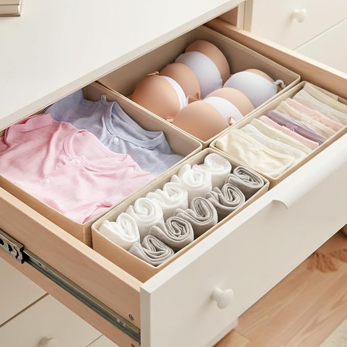 Drawer Organizer for Clothes & Underwear - 6-Pack Fabric Storage Bins with Zipper Bottom | Bra Drawer Organizer & Sock Organizer for Dresser - Foldable Baby Clothes Organizer Set, Grey
