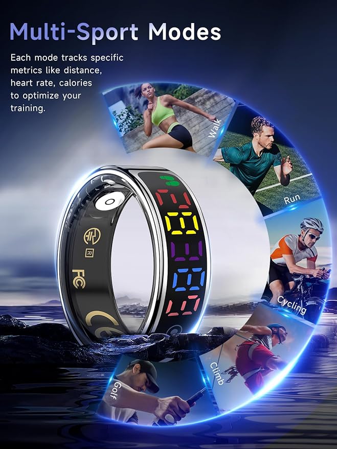 Smart Ring for Women Men, Health Ring with Colorful Display, Fitness Tracker with Heart Rate, Blood Oxygen, Sleep Monitor, No Subscription Fee, 5ATM Waterproof for iPhone & Android (Black, 12)