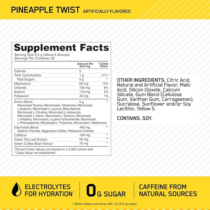 Optimum Nutrition Amino Energy Powder Plus Hydration, with BCAA, Electrolytes, and Caffeine, Pineapple Twist, 30 Servings (Packaging May Vary)