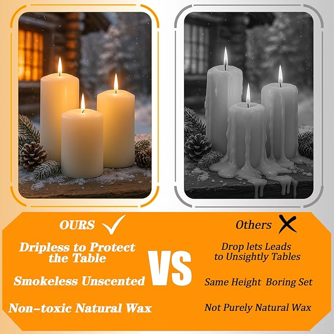 Ivory Pillar Candles Bulk Set of 12ï¼? Different Lengths 3 x 3/6/8 Inch (4 Each)，Hurricane Candles，Dripless Unscented Smokeless，Gives You a Better Atmosphere When Organizing an Event Party.
