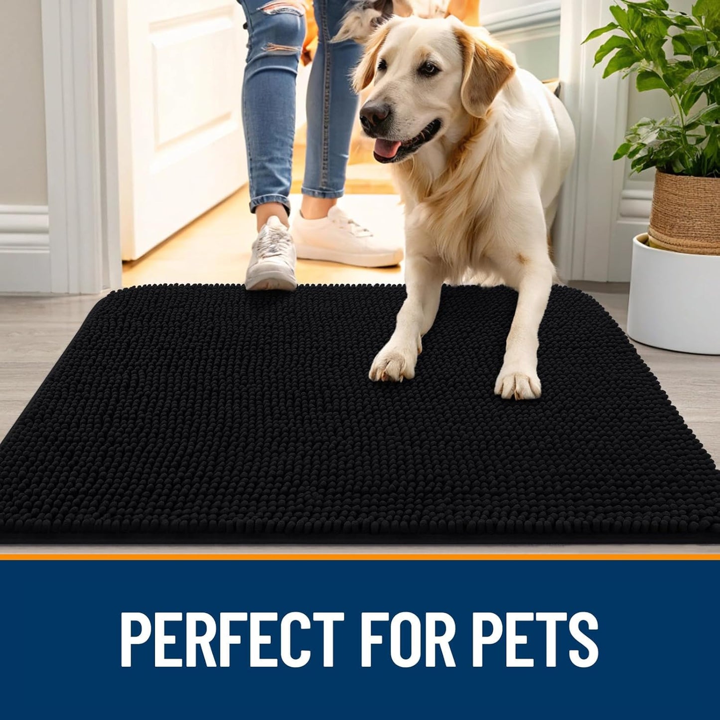 OLANLY Dog Door Mat - Absorbent Non-Slip Washable Doormat for Muddy Paws | 54x32 Black Chenille Carpet