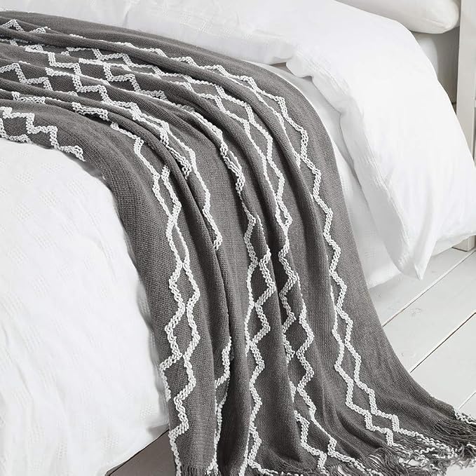 BOURINA Fluffy Chenille Knitted Fringe Throw Blanket Lightweight Soft Cozy for Bed Sofa Chair Throw Blankets Grey 60" x 80"