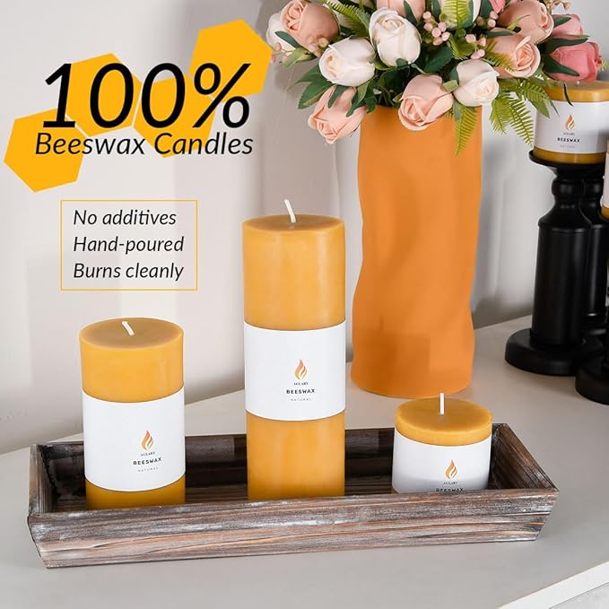 3"x 9" Large Beeswax Pillar Candle, Made of Pure Natural Beeswax, with Ultra Long Burning Time and Low Allergenicity-Raw,124H