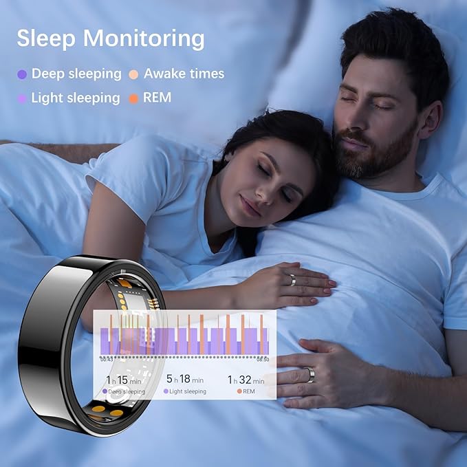 Ring Health Tracker for Women Men, Fit Ring with Heart Rate, Blood Oxygen, Sleep Monitor, Calories, Step Counter, IP68 Waterproof Smart Ring for iPhone & Android, No Subscription Fee (Black, 14#)