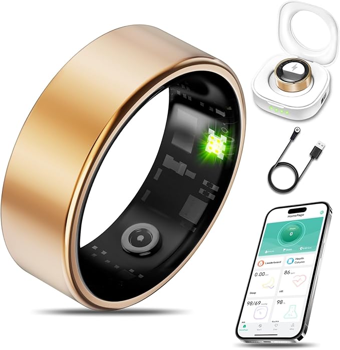 Smart Health Ring for Women Men Fitness Tracker with Heart Rate, Blood Oxygen, Blood Pressure, Sleep Monitoring, Step Counting, IP68 Waterproof for iOS and Android, No Subscription Fee, Gold 12